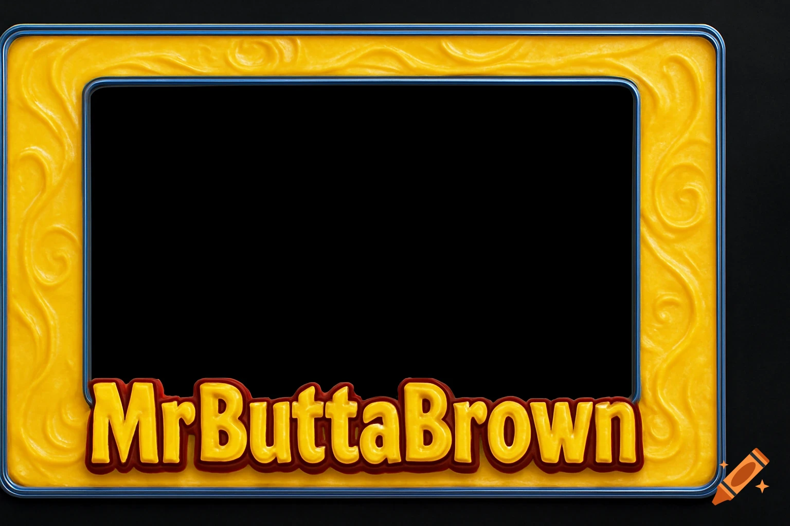 A yellow, wavy-textured camera overlay with a blue border, featuring 'MrButtaBrown' in 3D yellow font at the bottom, framing a black screen.