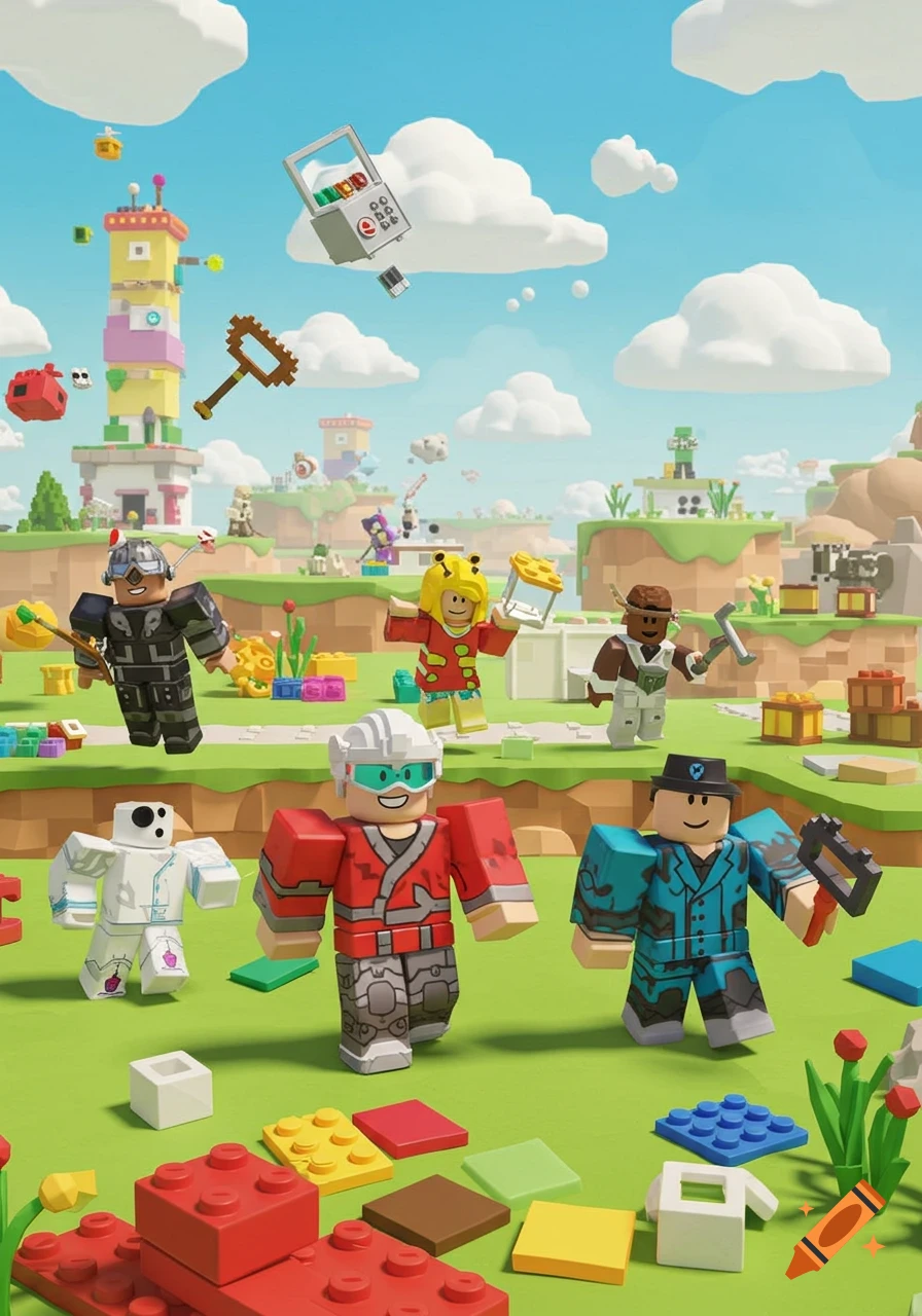 Colorful Roblox-style characters in a vibrant block world with floating islands and scattered building pieces.