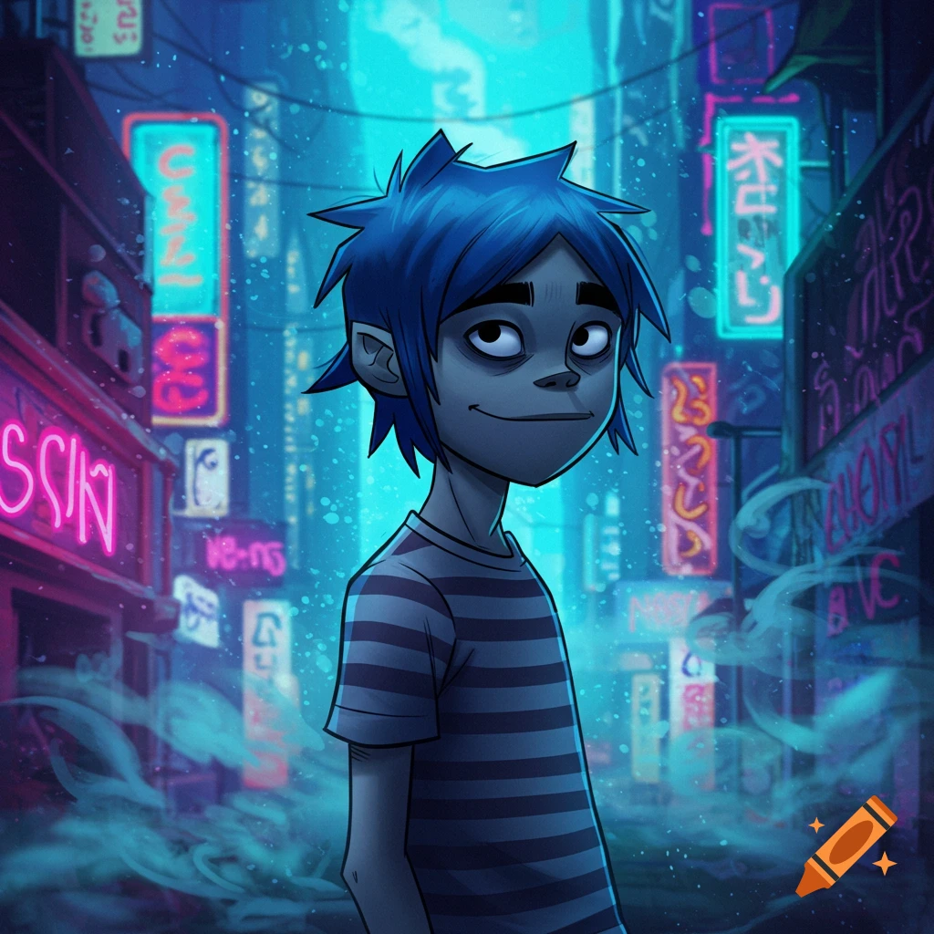 Blue-haired 2D from Gorillaz in a striped shirt stands smirking in a neon-lit cyberpunk city street at night, animated style.