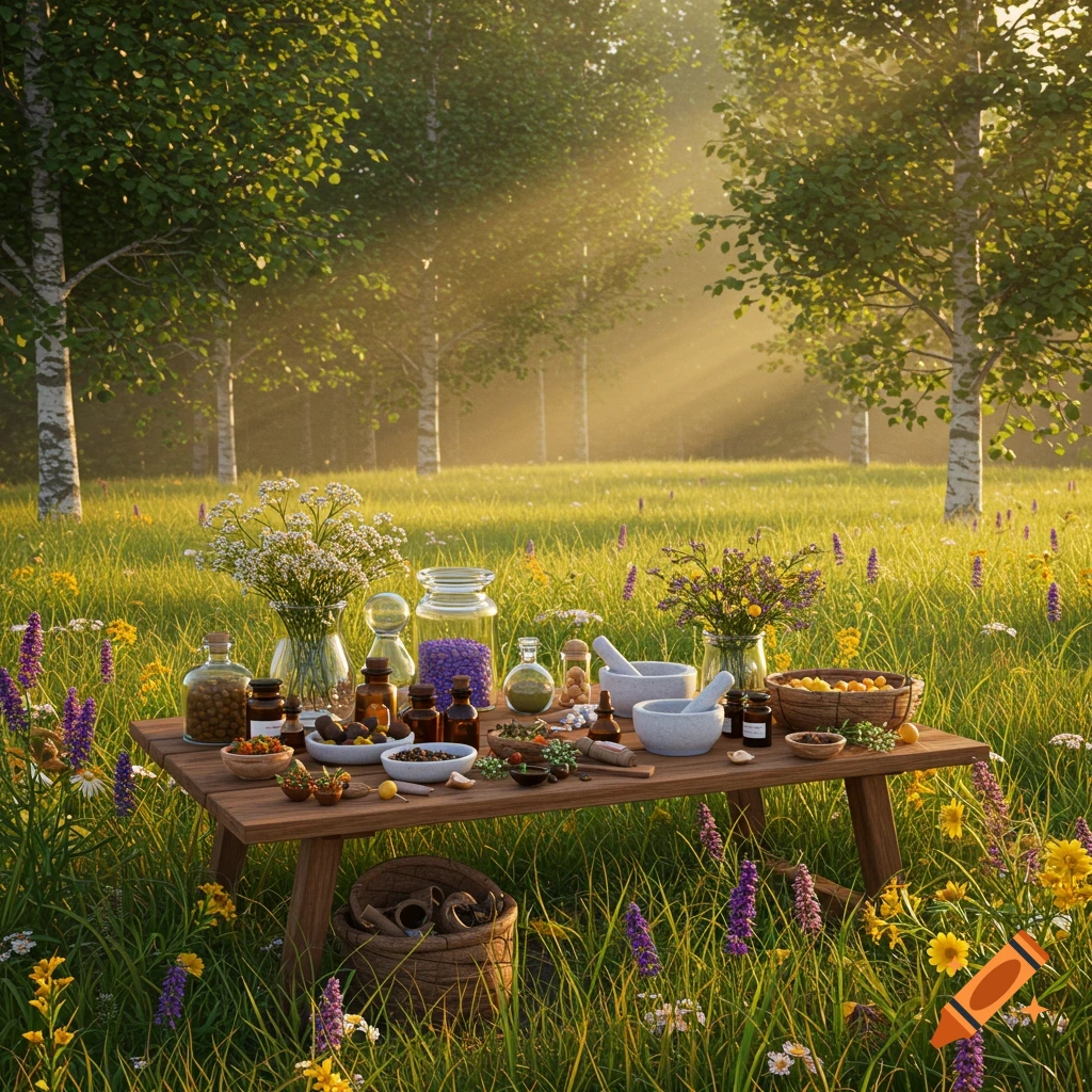 A photorealistic image of a wooden table holding various herbal remedies, jars, and mortars in a sun-drenched meadow with birch trees.