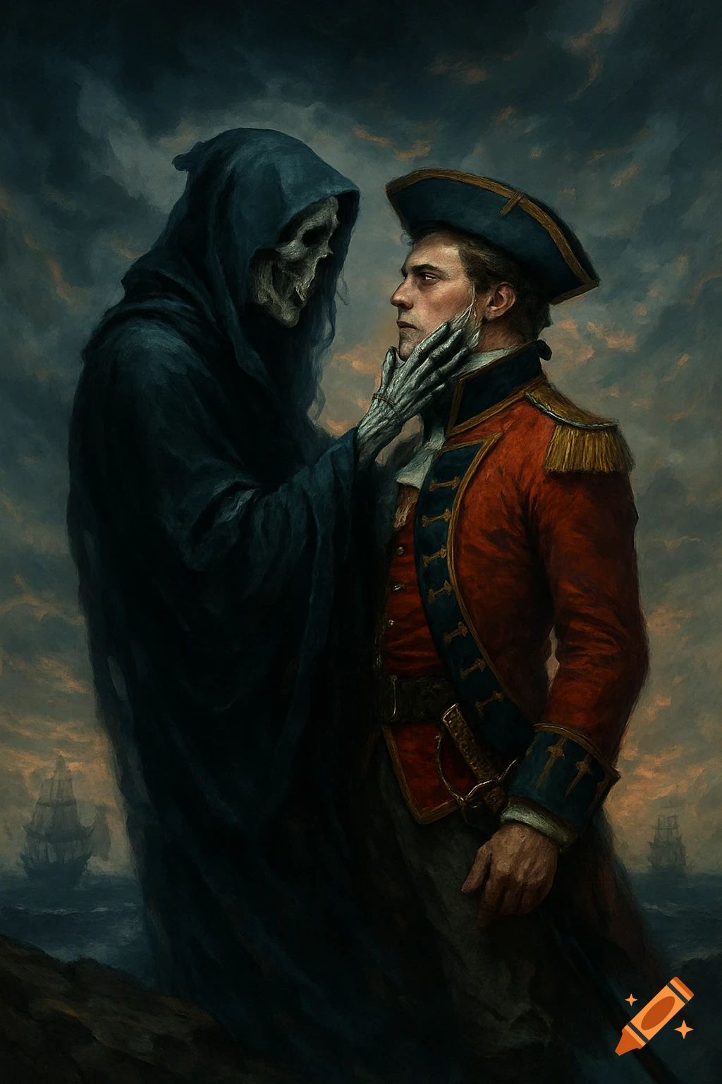 Grim Reaper touching a 1700s soldier's face on a stormy sea background, dark painterly style.