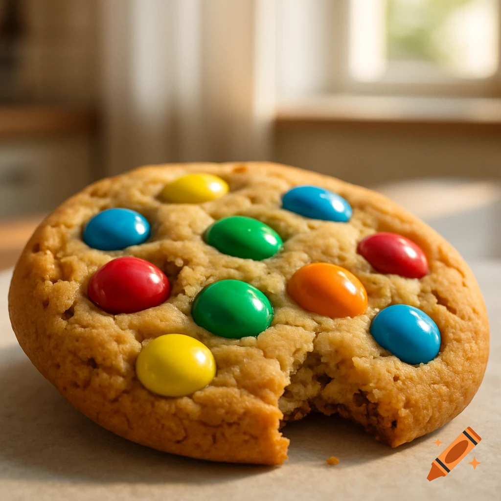 A close-up, photorealistic cookie with colorful candy pieces, with a bite taken out, on a table.