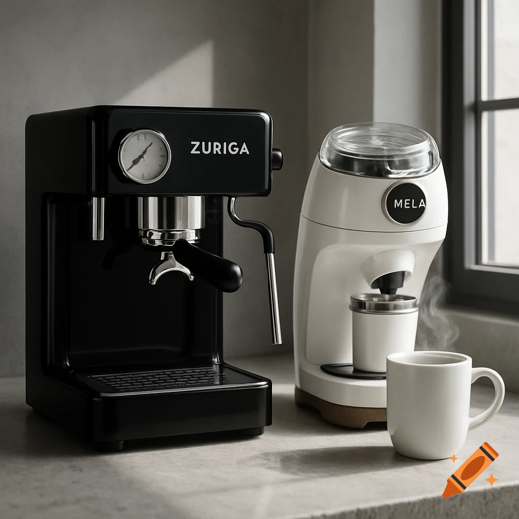 A black espresso machine labeled ZURIGA next to a white coffee maker labeled MELA, with a steaming mug on a counter.
