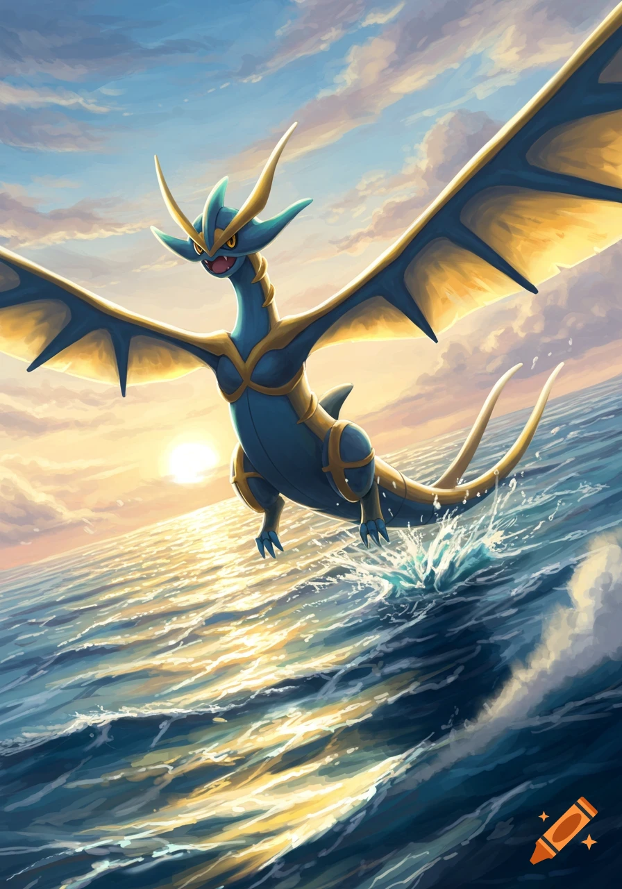 A blue and gold dragon-like creature with large wings flies low over a wavy ocean at sunset, splashing water.