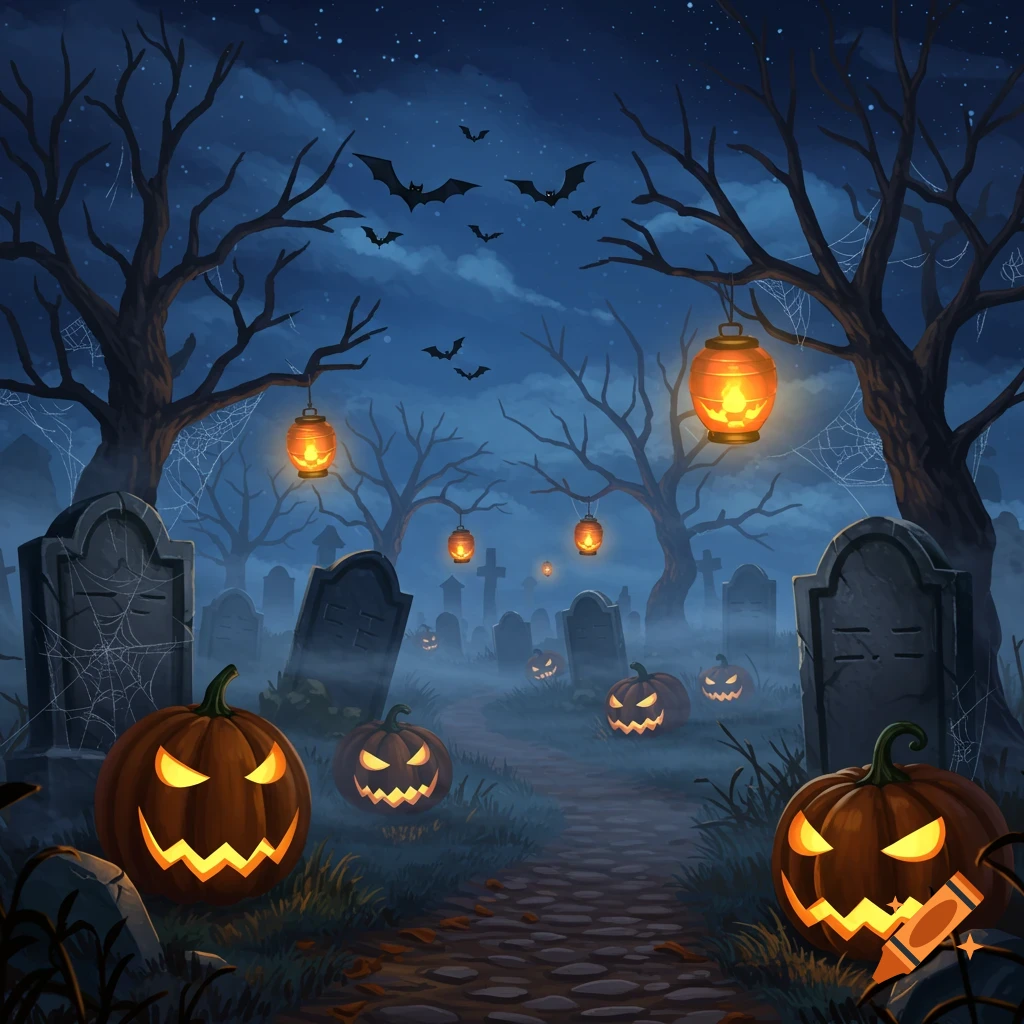 A spooky Halloween graveyard at night with jack-o'-lanterns, tombstones, bare trees, glowing lanterns, and flying bats under a starry sky.