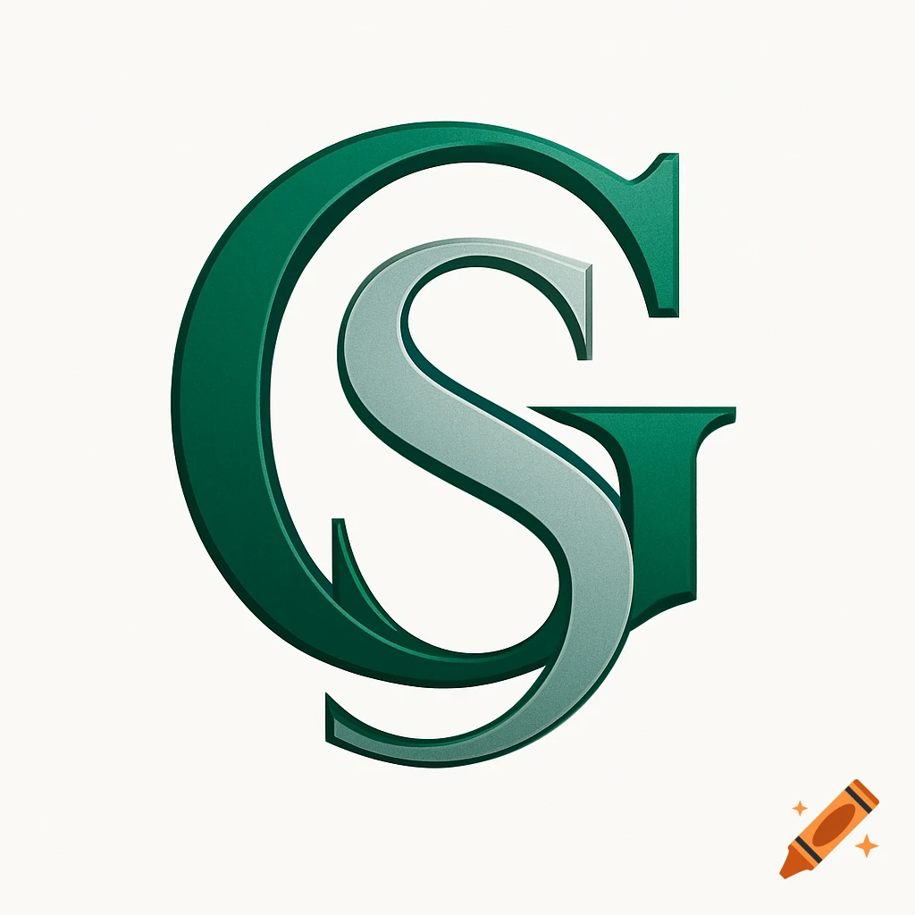 A 3D monogram with an intertwined dark green G and a lighter gray-green S on a white background, with a subtle textured finish.