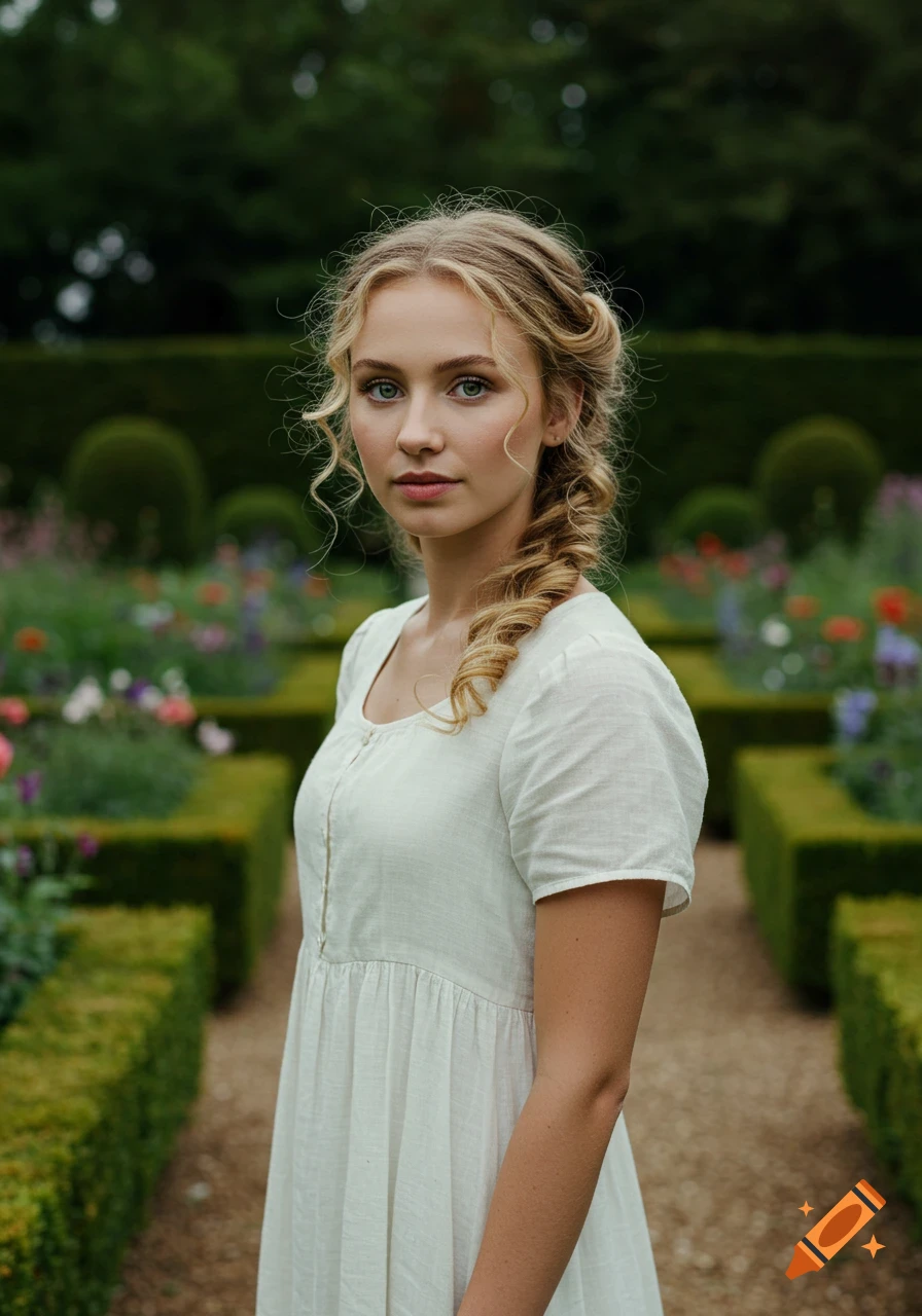 Photorealistic portrait of a young woman with blonde curly hair and green eyes, wearing a white dress in a formal English garden.