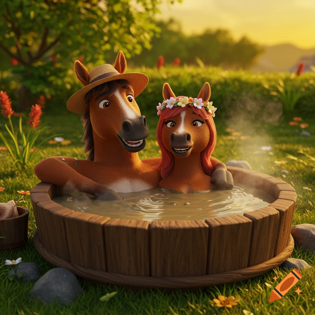 Two happy anthropomorphic cartoon horses relax in an outdoor mud hot tub during sunset in a 3D animation.