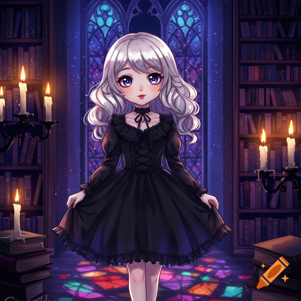 An anime girl with white hair and purple eyes in a black gothic dress stands in a candlelit library with stained glass.