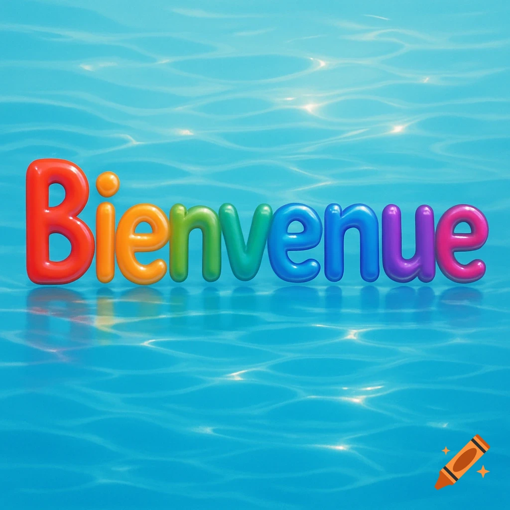 The word Bienvenue spelled with colorful, bubbly 3D letters on a clear blue water background with ripples.