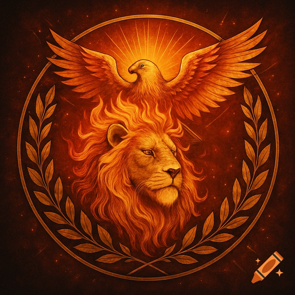 A circular emblem in warm orange and red features a fiery-maned lion and an eagle with outstretched wings, surrounded by a laurel wreath.