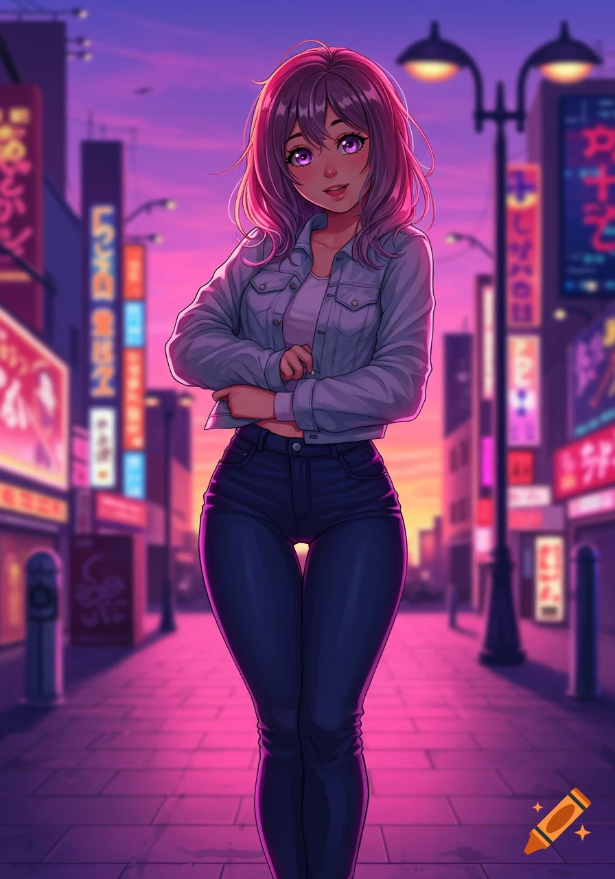 Anime girl with purple hair and eyes in a denim jacket and jeans, standing on a neon-lit urban street at sunset.