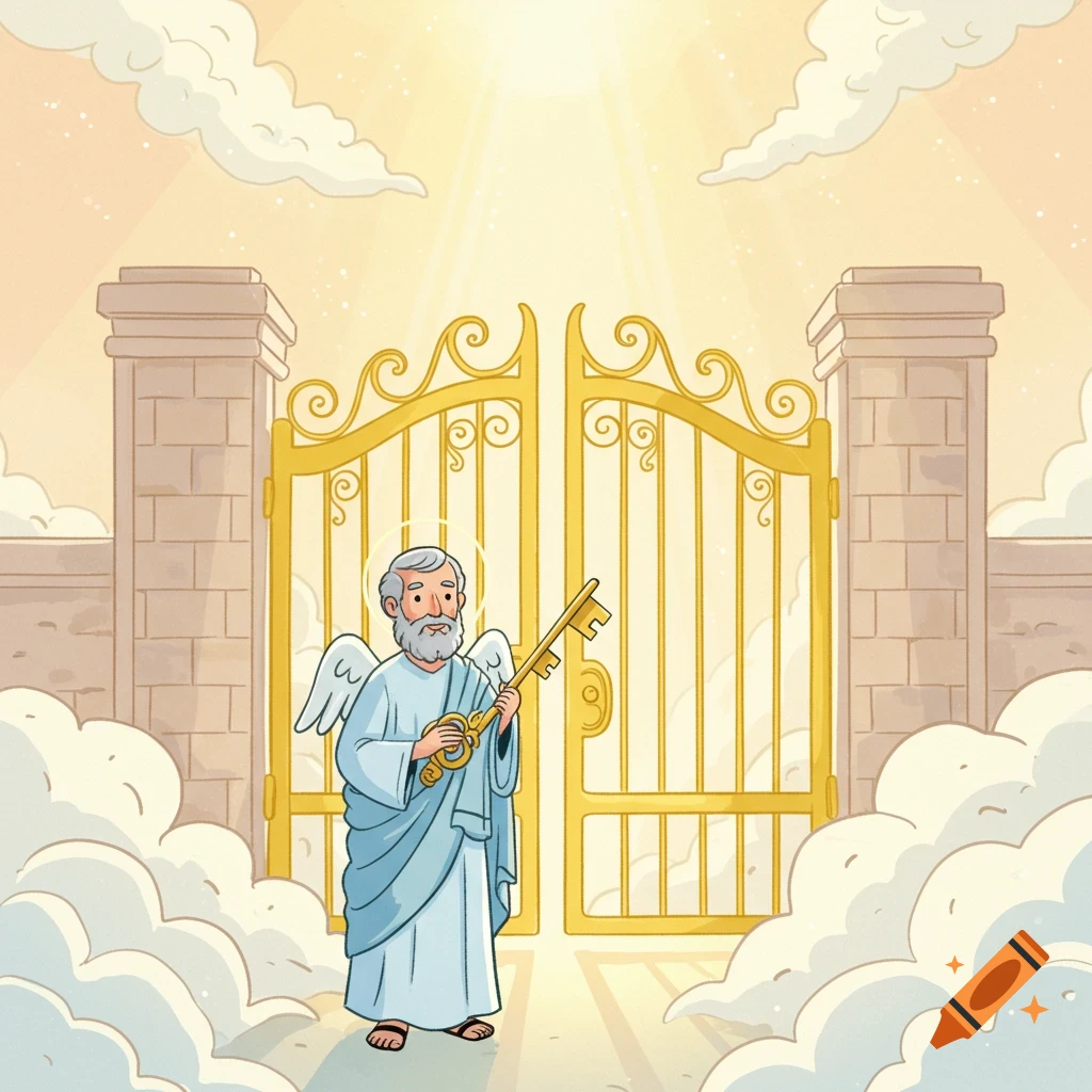 Cartoon illustration of St. Peter with wings holding a golden key, standing before the golden gates of heaven amidst clouds and light.