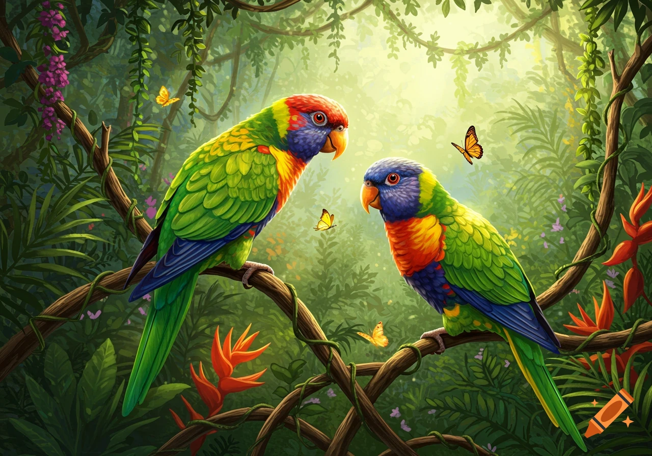 Two vibrant, colorful parrots with blue, red, and green plumage perch on a tree branch in a lush, sunlit tropical jungle, with butterflies flying around.