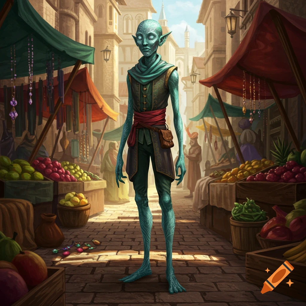 A thin, teal-skinned alien creature in a tunic and vest stands in a medieval market street with fruit and jewelry stalls.