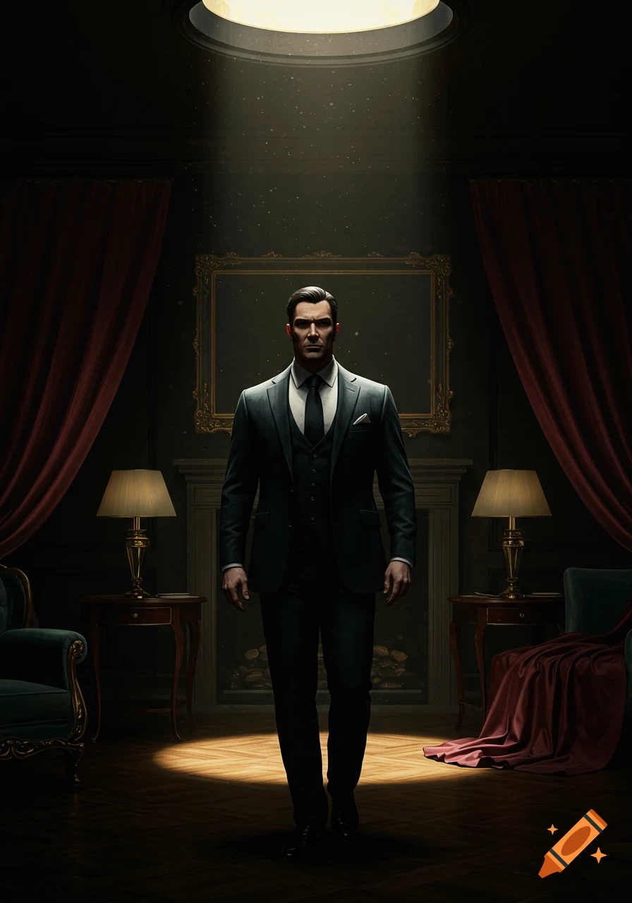 A confident man in a dark suit stands in a dimly lit, elegant room under a dramatic spotlight.