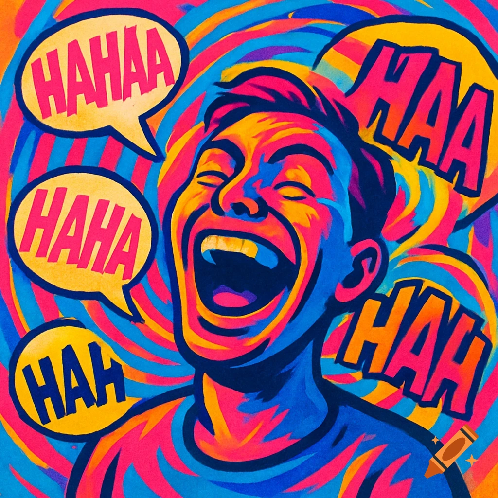 Vibrant pop art illustration of a person laughing heartily, with 'HAAHAA' text in speech bubbles.