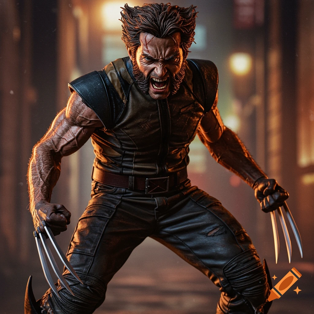 A detailed, realistic portrayal of Wolverine snarling and lunging forward with claws extended, against a dark urban background.