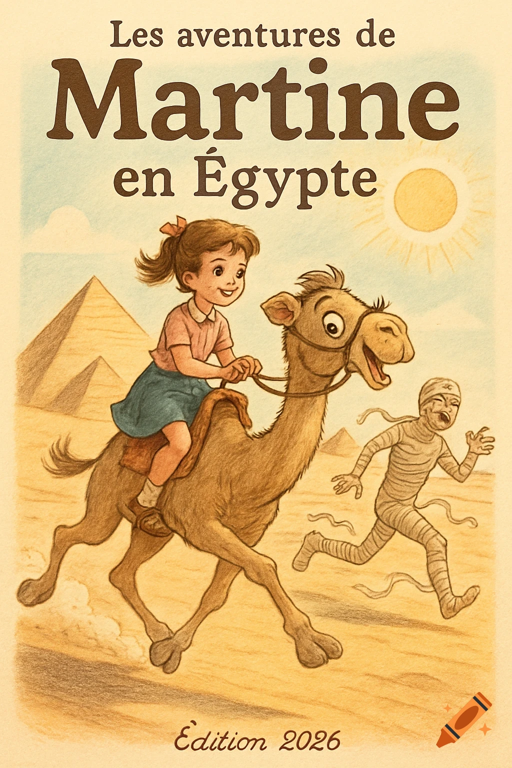 A vintage children's illustration shows a girl riding a camel in a desert, with pyramids in the background, being chased by a mummy. Text reads "Les aventures de Martine en Égypte" and "Edition 2026".