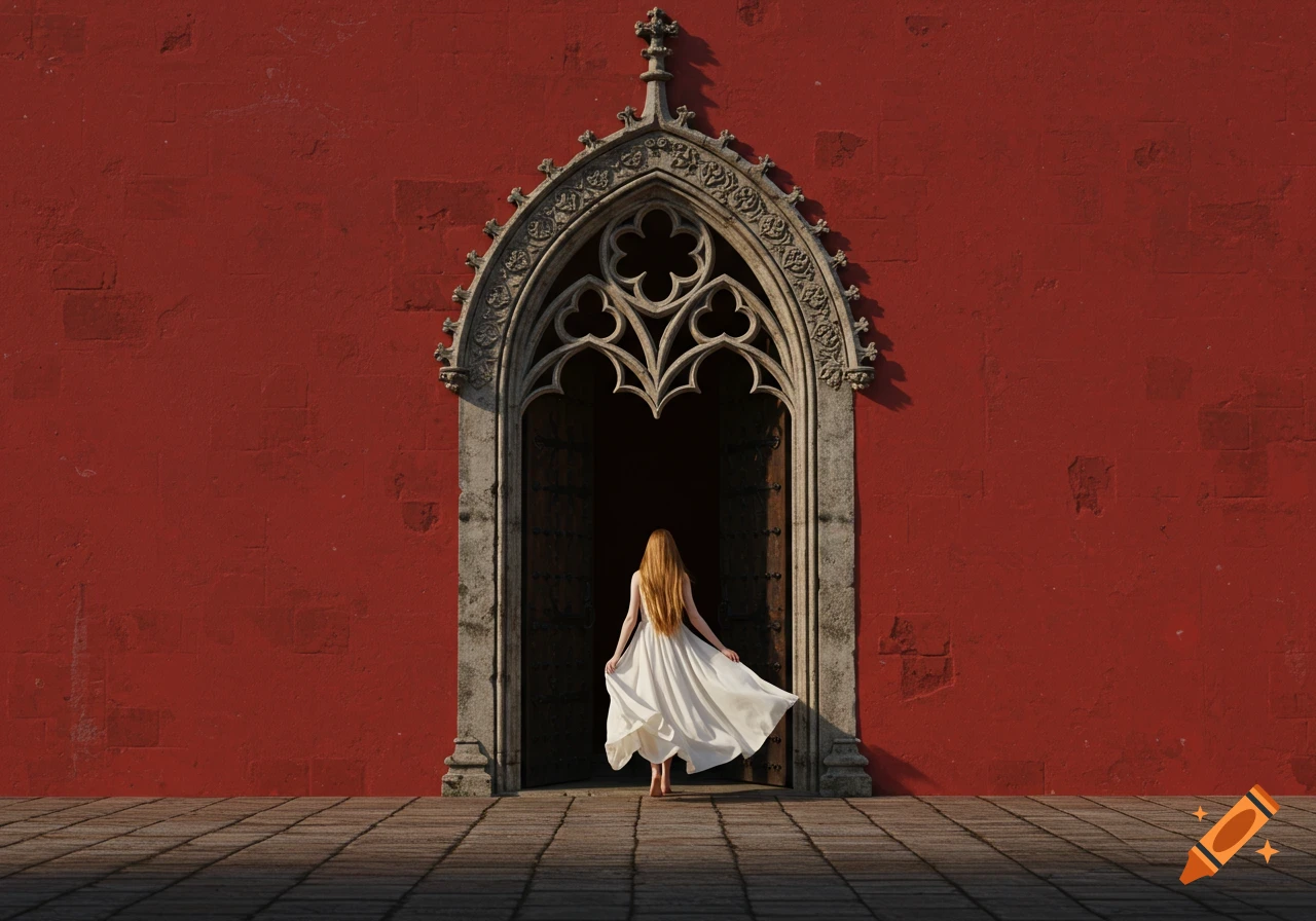 A woman with long red hair in a flowing white dress walks into a gothic archway set in a textured red wall.