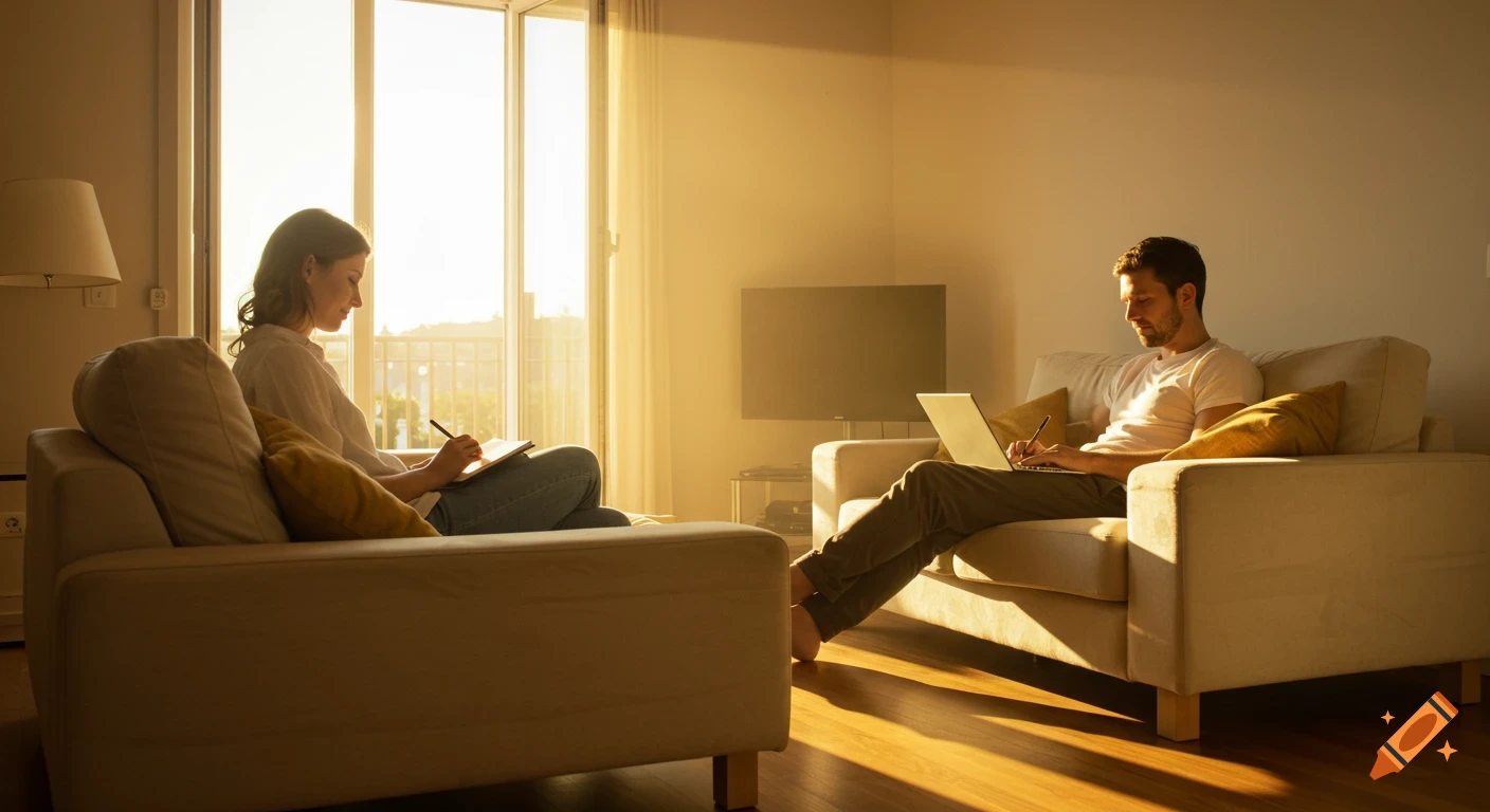 A man on a laptop and a woman with a notebook sit on couches in a sunlit living room.