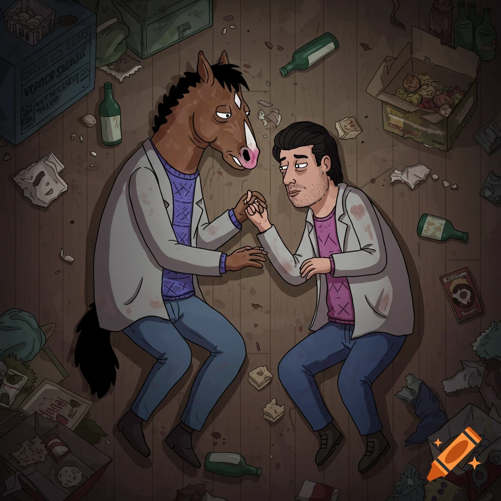 BoJack Horseman and a man lie on a dirty floor amidst empty bottles and trash, holding hands, in a melancholic cartoon style.