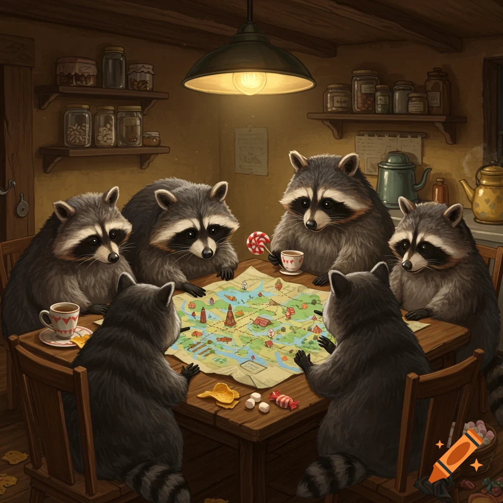 Five fluffy raccoons are gathered around a wooden table in a cozy kitchen, intently looking at a colorful map with candy and cups.