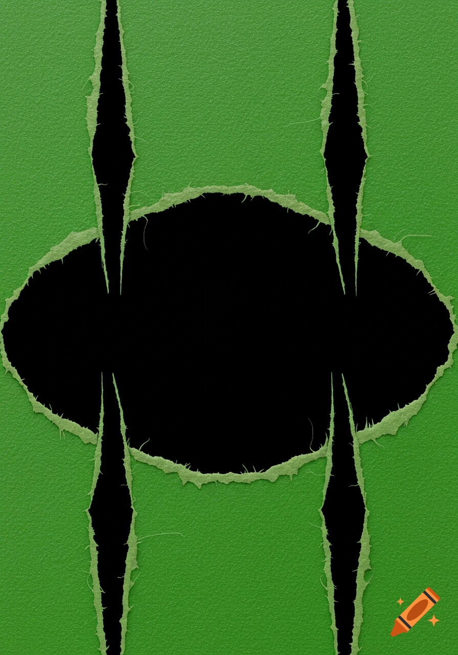 Green paper with a large torn black oval revealing a void, and four thin vertical tears.