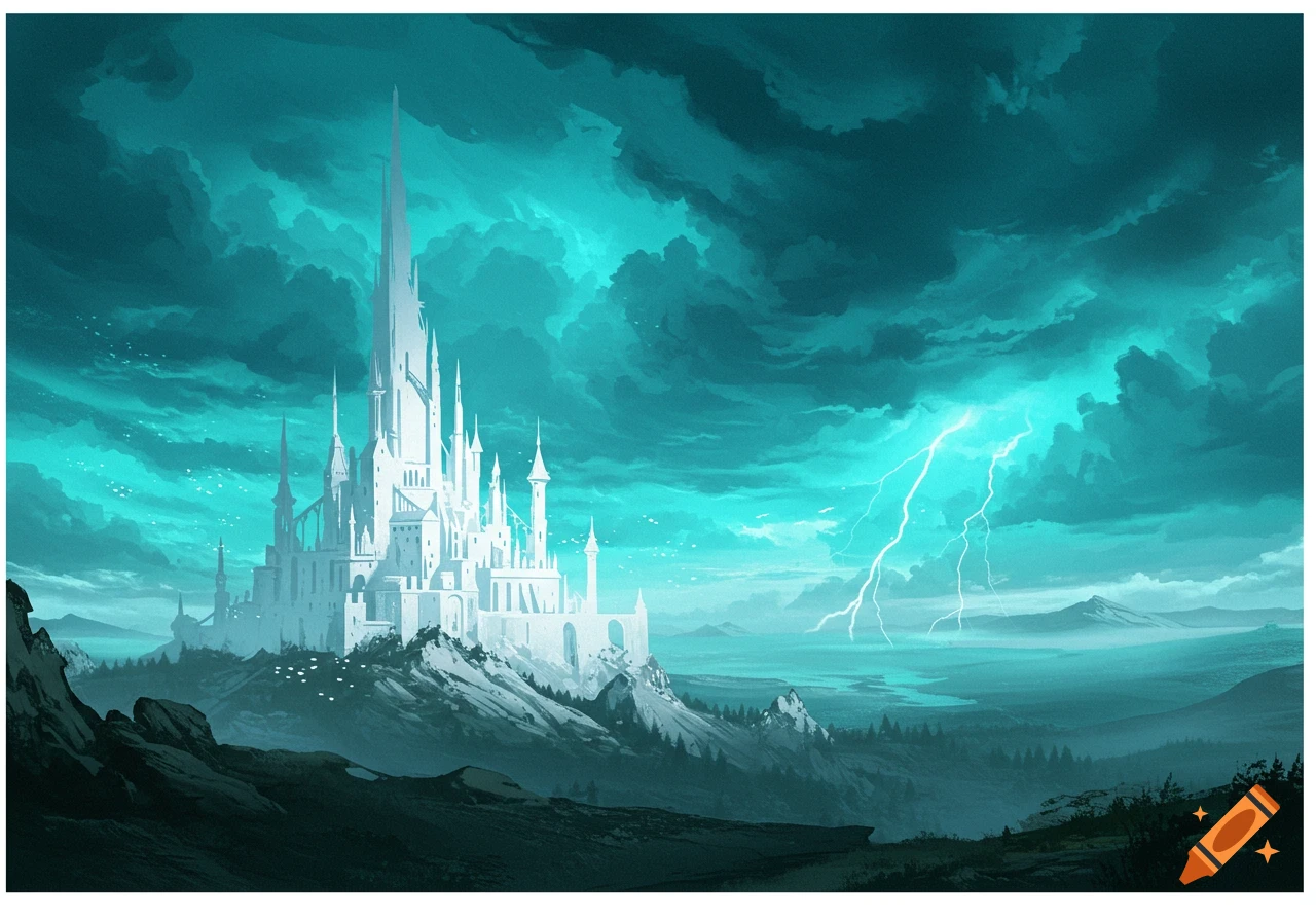 A towering white fantasy castle on a rocky hill under a dramatic stormy cyan sky with bright lightning.