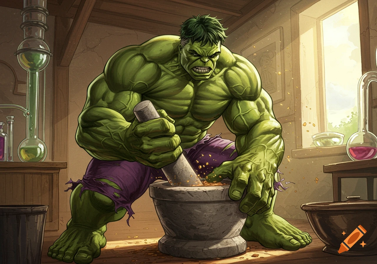 The Hulk intensely grinds ingredients in a mortar and pestle in a rustic science lab, comic art style.