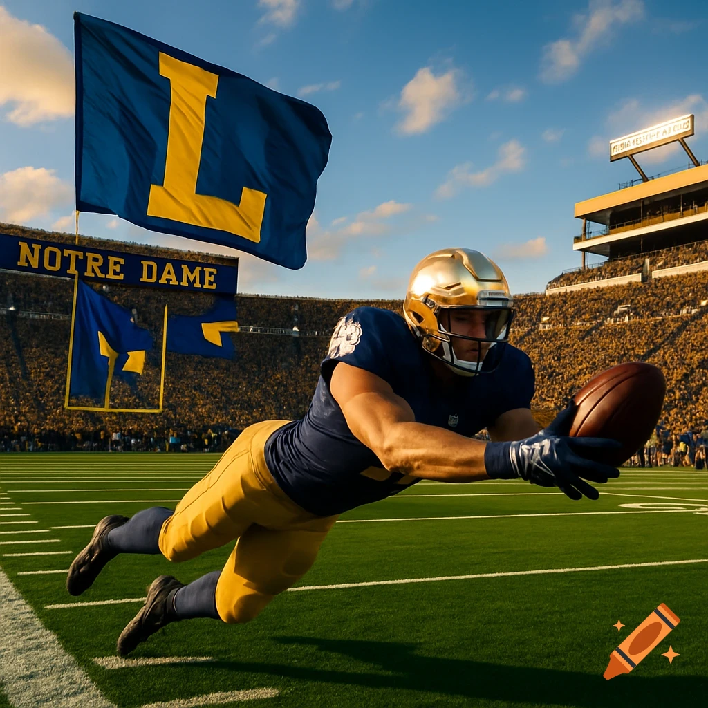 A football player in blue and gold uniform dives with a football in a stadium under a Notre Dame banner and an L flag.