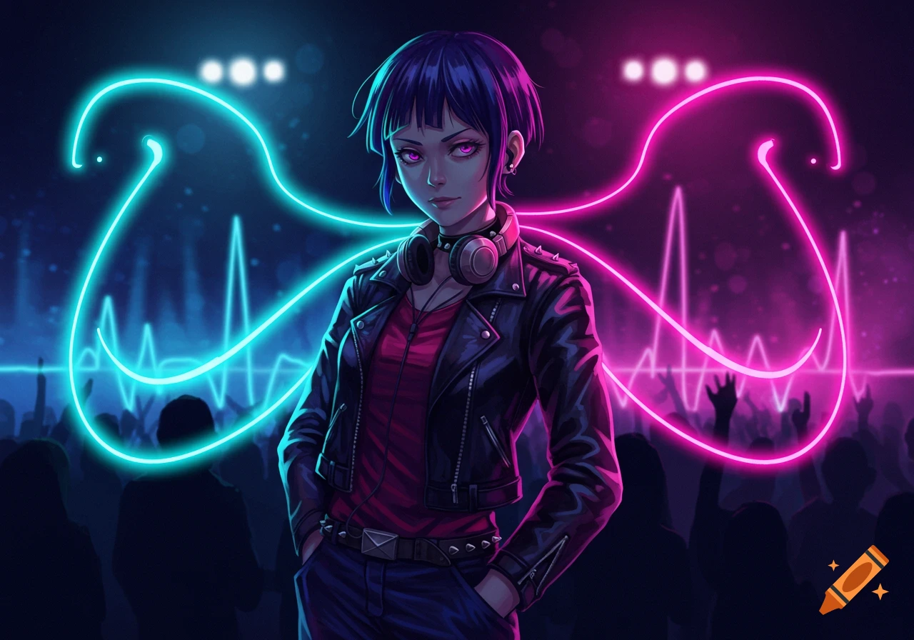 An anime girl with short dark hair, wearing a black leather jacket and headphones, stands at a neon-lit concert with a crowd in the background.