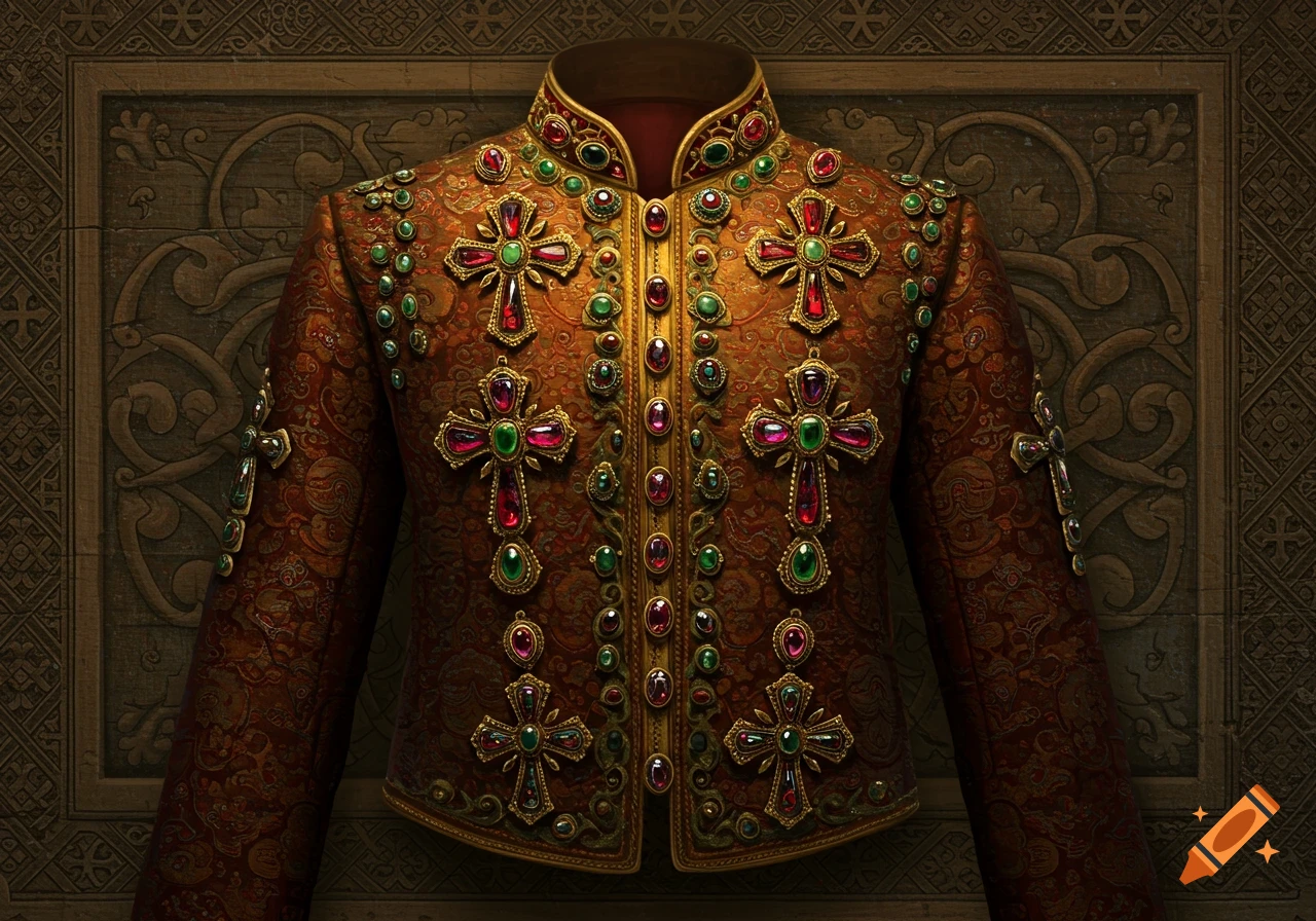Ornate red-brown jacket adorned with golden, gem-encrusted crosses and jewels, against a textured wall.