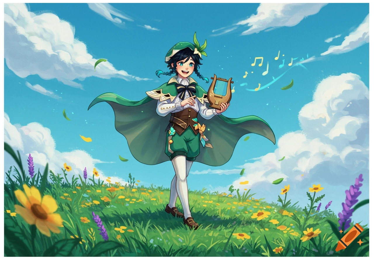 Anime character Venti plays a lyre in a vibrant flower field under a blue sky with clouds, musical notes floating around.