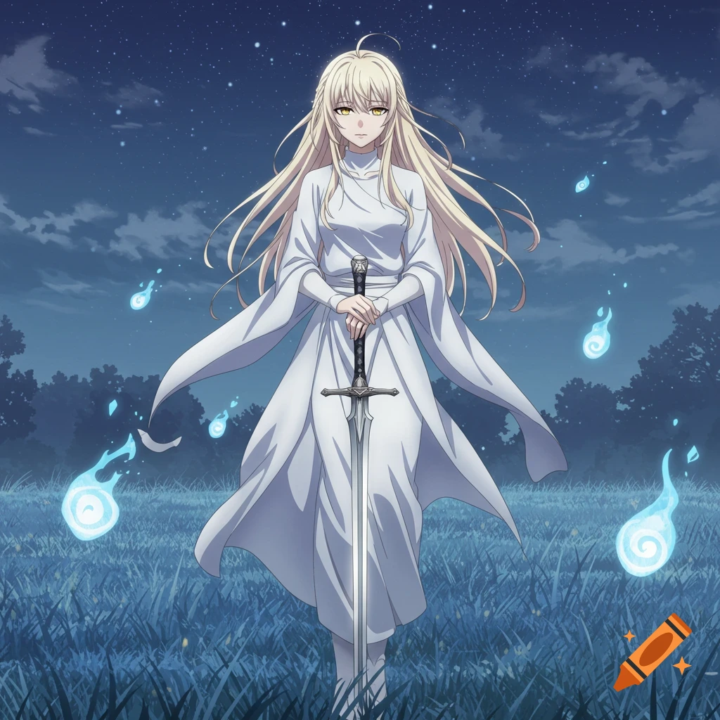 An anime woman with long blonde hair and golden eyes, in a white dress, holding a sword in a starry night field with blue glowing spirits.