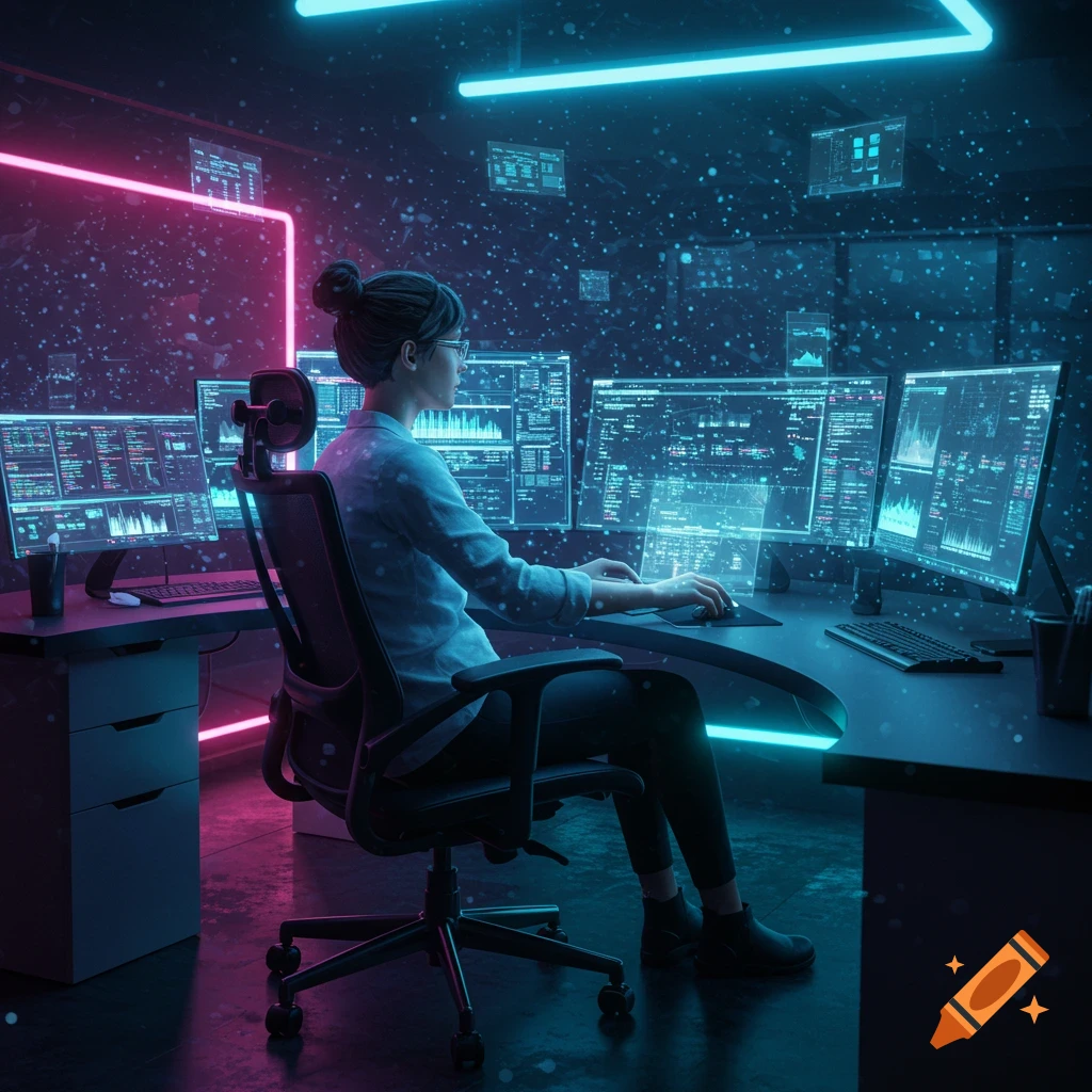 A woman with her hair in a bun wears glasses and works at a desk surrounded by multiple glowing computer screens displaying data and code in a dark, neon-lit cyberpunk room.
