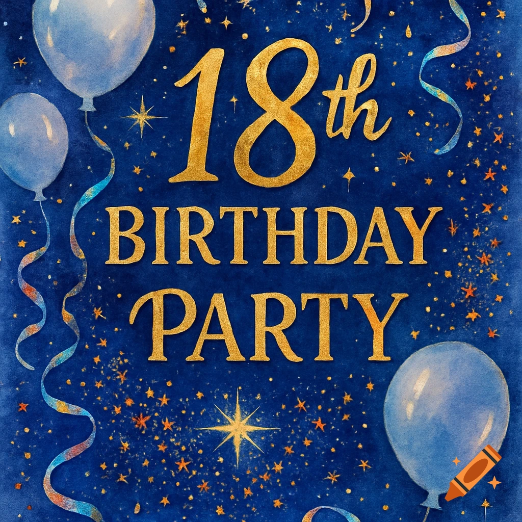 Gold '18th BIRTHDAY PARTY' text on a deep blue watercolor background with light blue balloons and shimmering gold confetti.