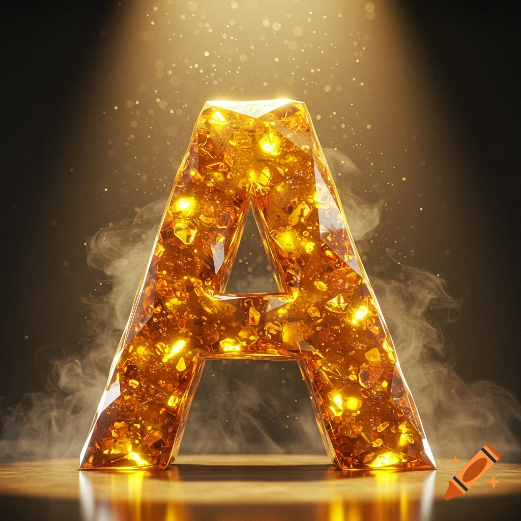 A glowing, faceted letter 'A' made of golden amber, surrounded by particles and smoke, under a spotlight.