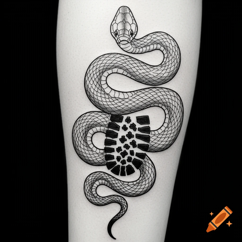 Black and white tattoo of a snake on a leg, with a boot print marking its body where the head would be.