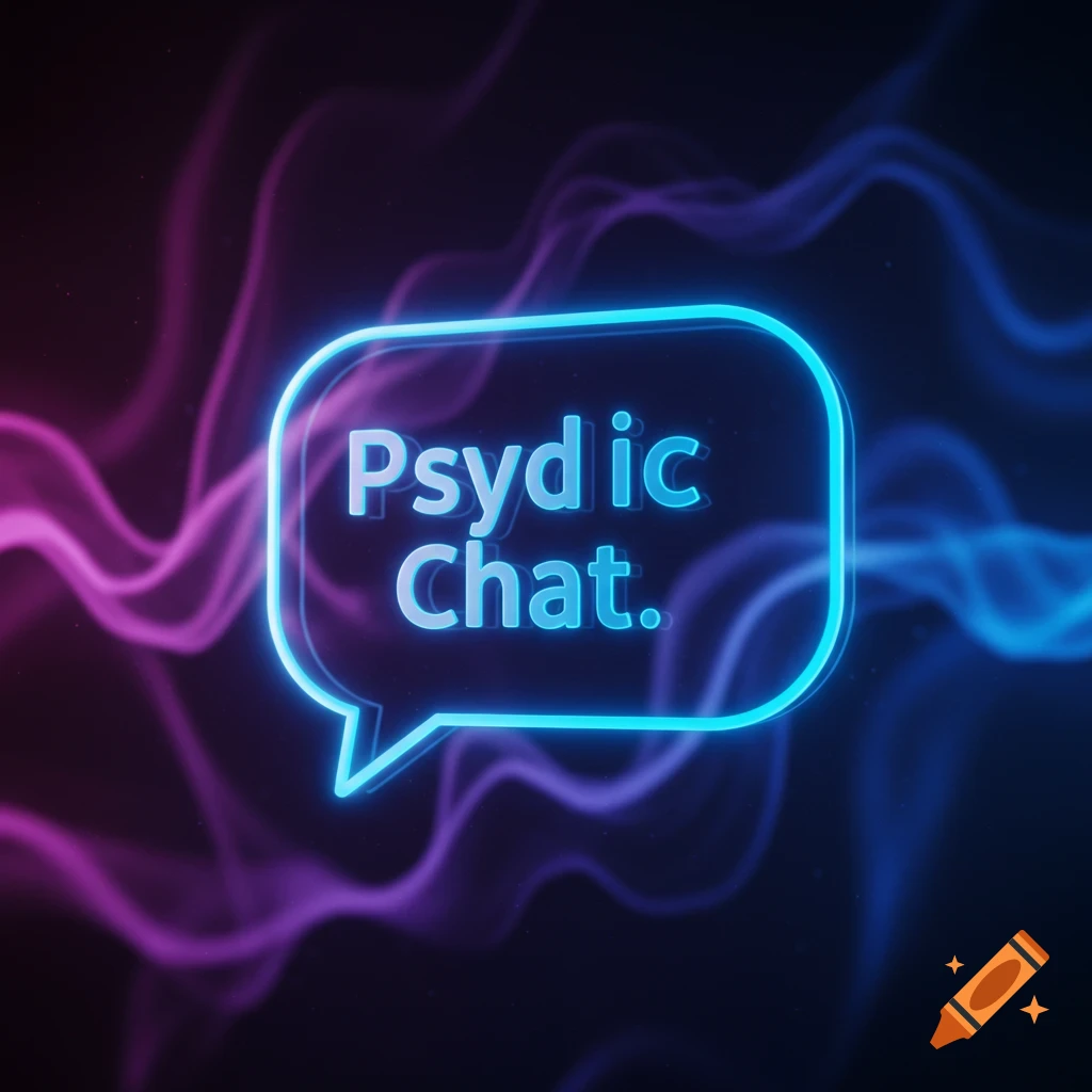 A glowing blue chat bubble icon with the words "Psydic Chat." inside, set against a dark background with swirling blue and magenta smoke.