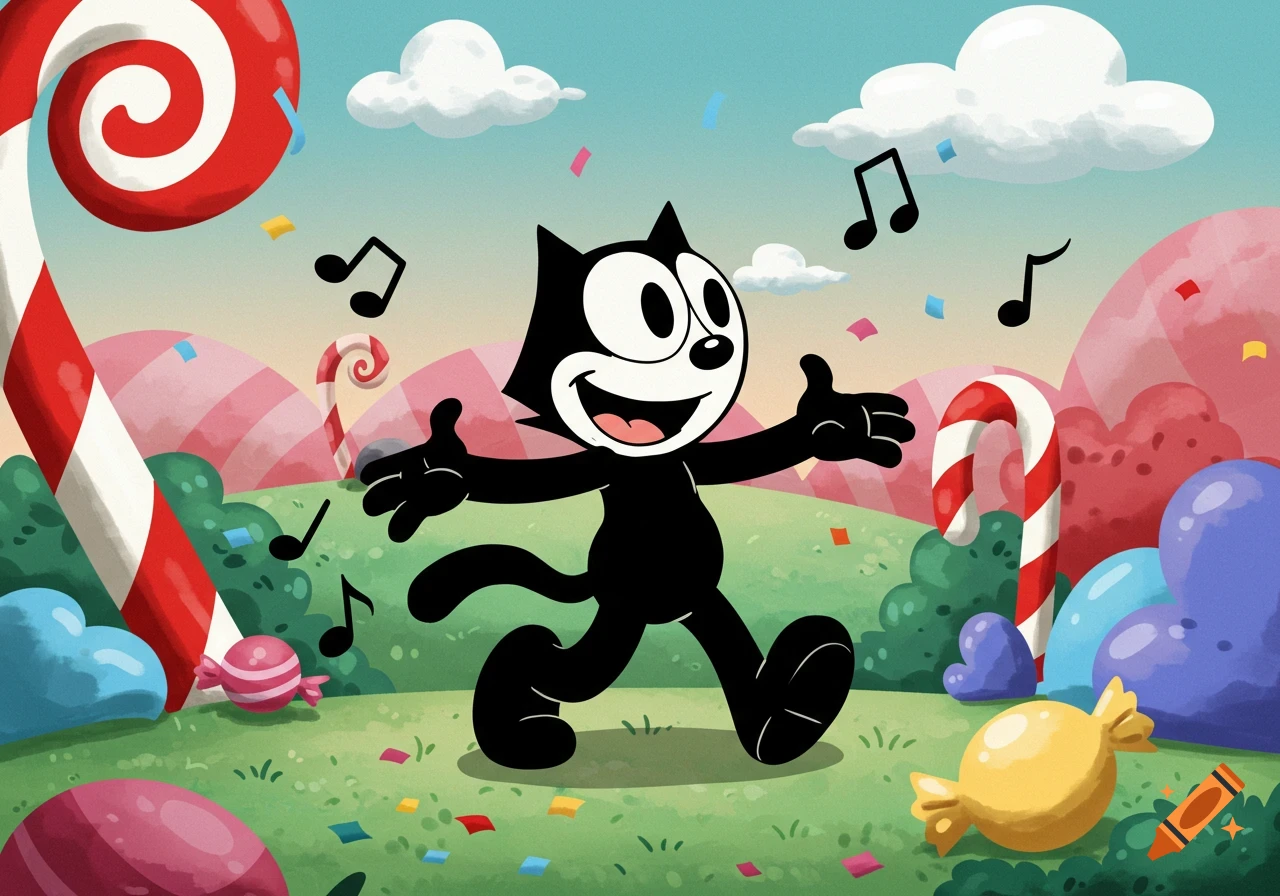 Felix the Cat smiles and walks through a vibrant candy land with lollipops, candy canes, and musical notes.