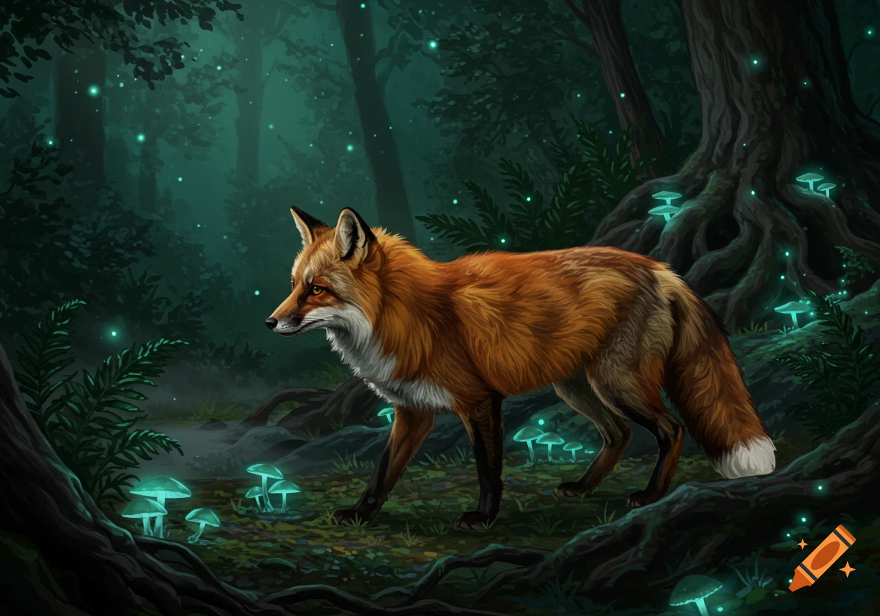 A vibrant red fox walks through a dark, mystical forest illuminated by glowing teal mushrooms and floating particles.
