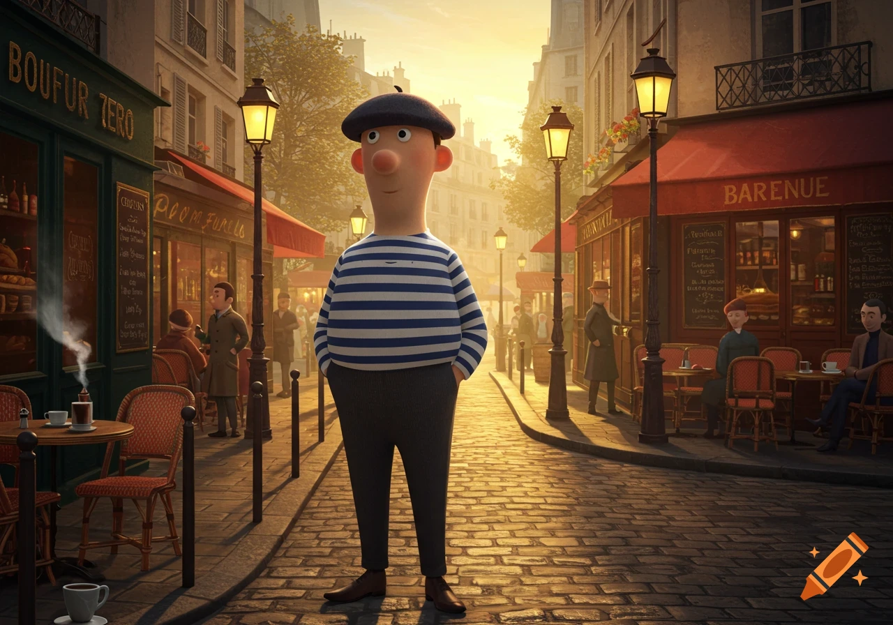 A cartoon man in a beret and striped shirt stands on a cobblestone street in a European city at sunset, with cafes and shops in the background.