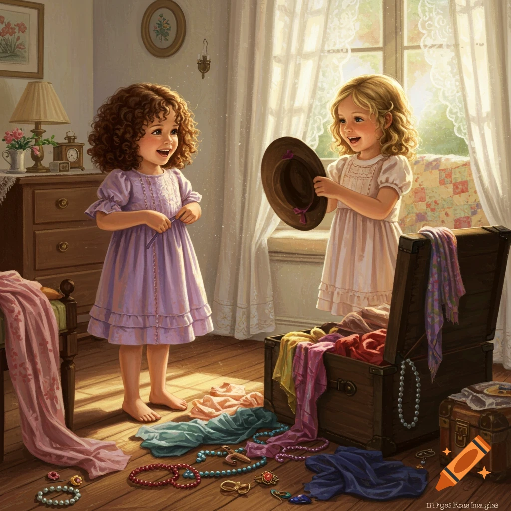 Two smiling girls playing dress-up in a sunlit room, surrounded by clothes and jewelry from an open trunk.