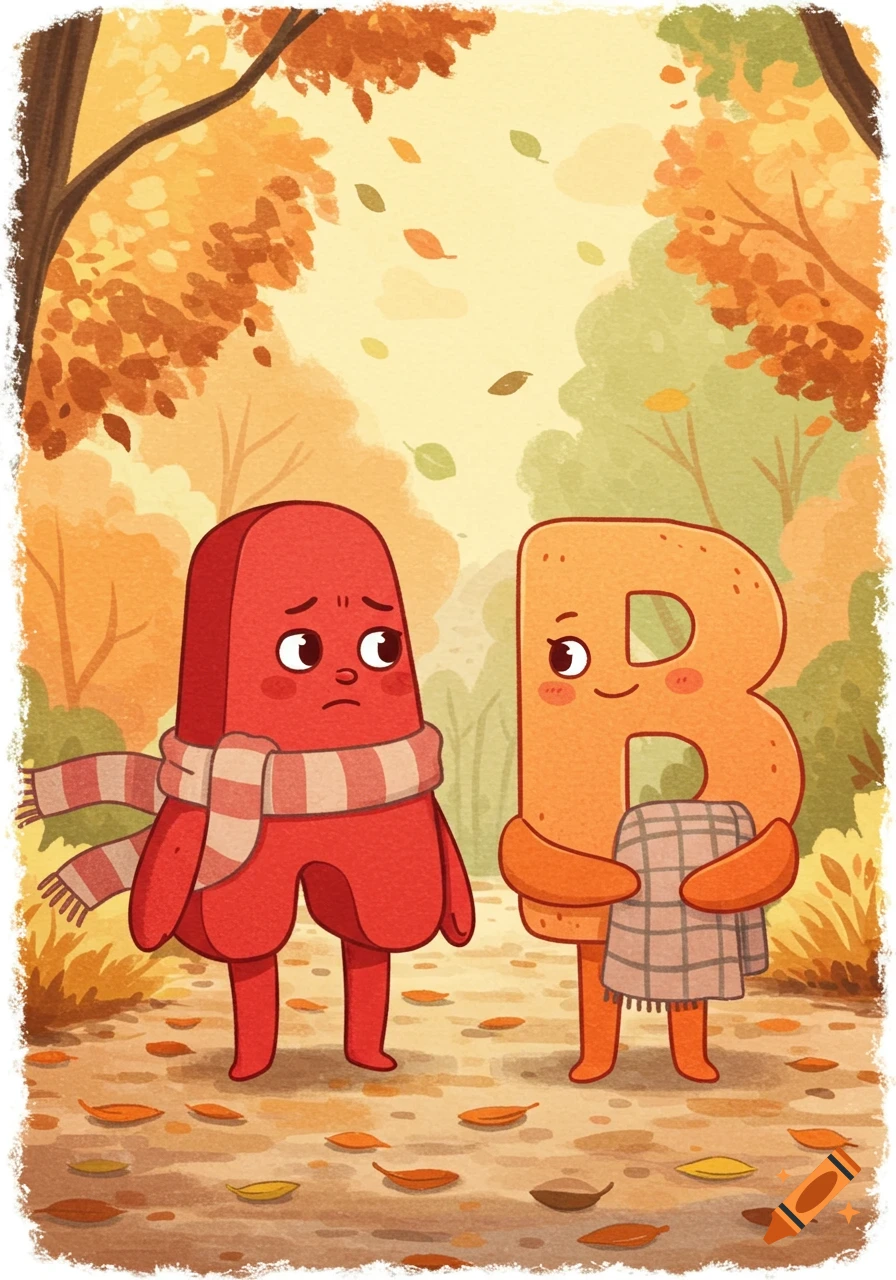 A watercolor illustration of a red blob-like character with a scarf and an orange letter B holding a blanket in an autumn park.
