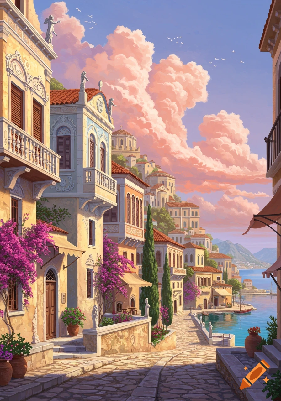 Vibrant illustration of a Greek or Mediterranean town with rococo-style buildings, purple bougainvillea, and a blue sea under a pink and blue sky.