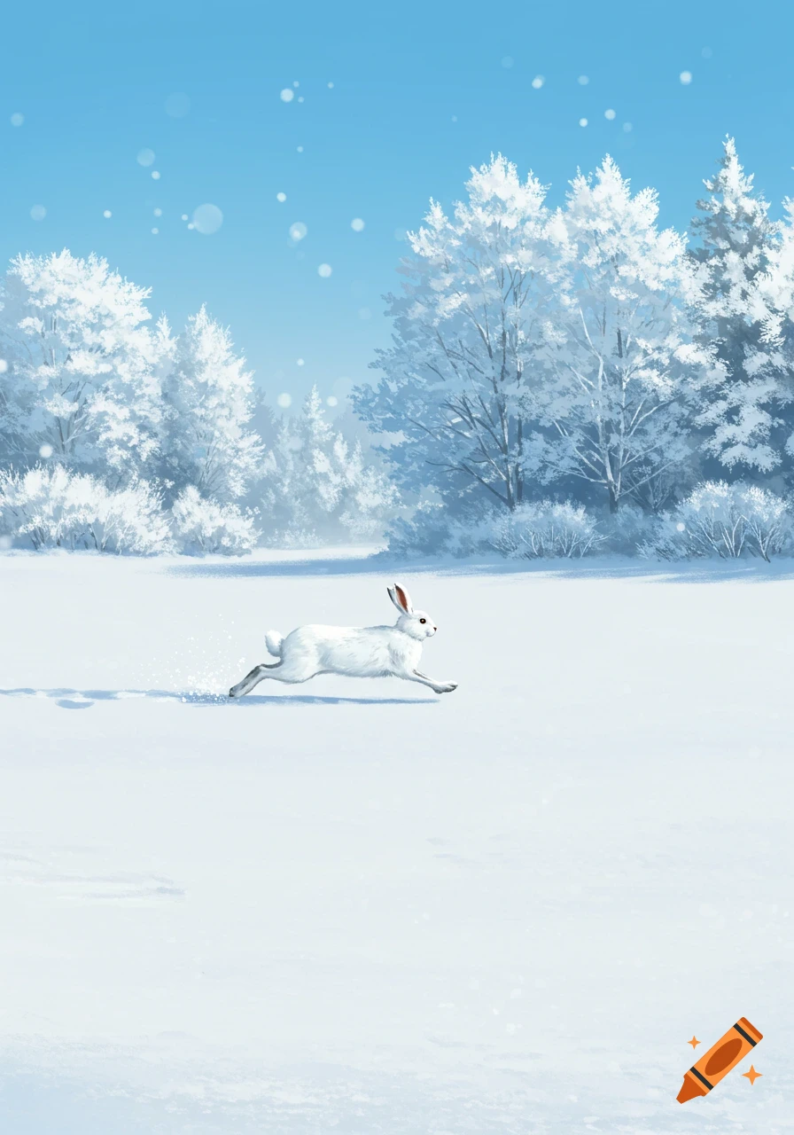An illustrated white rabbit leaps through a snowy field with a winter forest and falling snow under a blue sky.