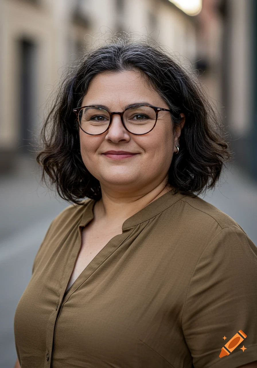 Smiling middle-aged woman with shoulder-length graying hair and large glasses, wearing an olive shirt, standing outdoors.