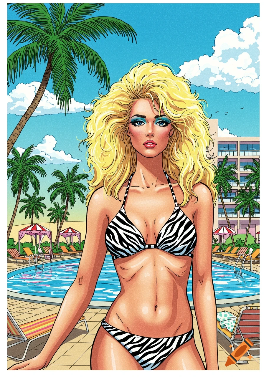 A blonde woman in a zebra-print bikini stands at a tropical resort pool, illustrated in a 1980s style.
