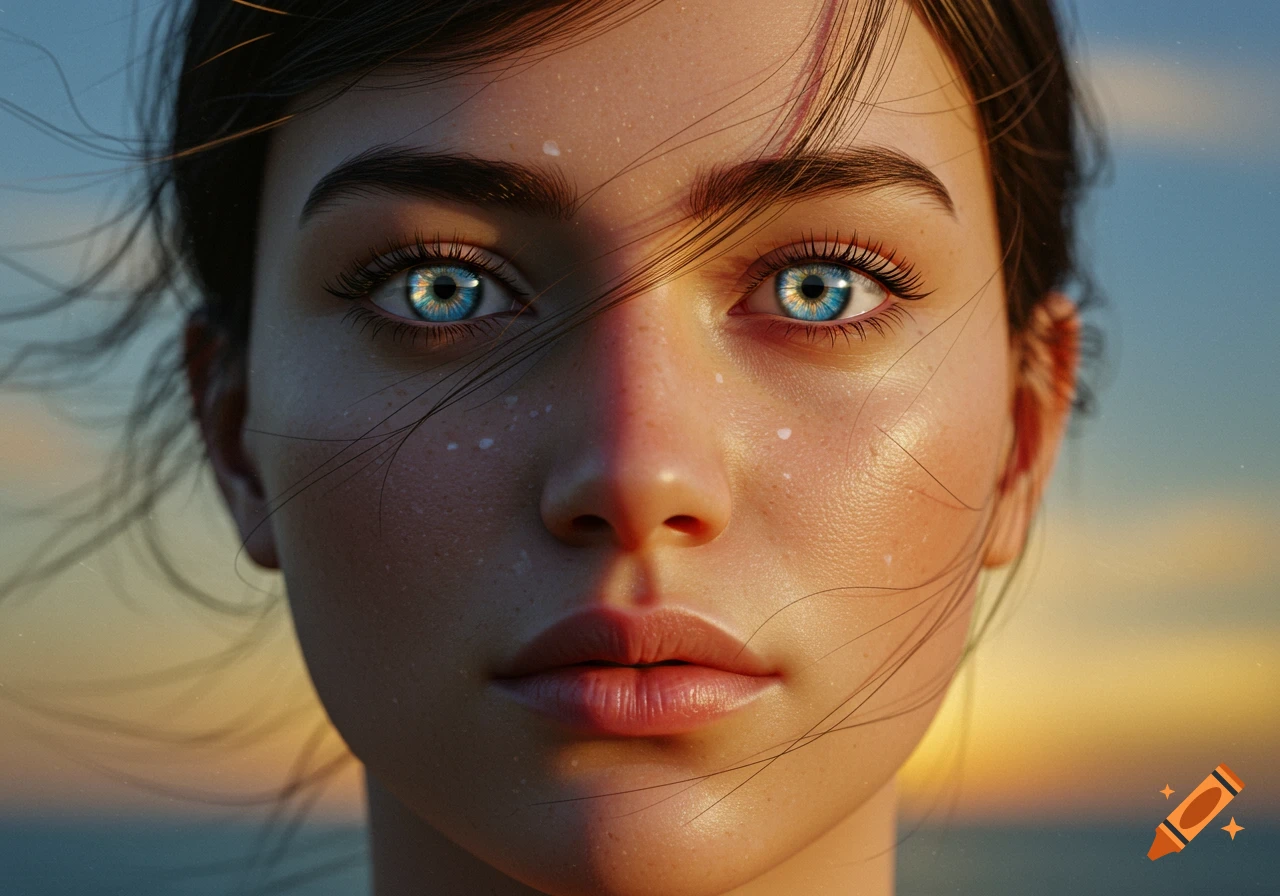 Close-up photorealistic portrait of a woman with striking blue eyes, fair skin, and wispy dark hair against a soft blue and orange sky.